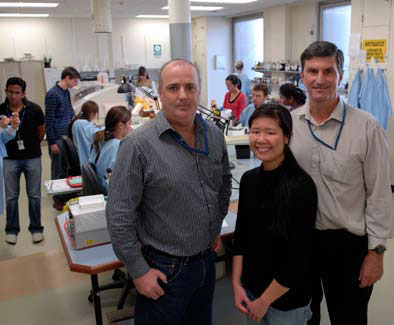 Associate Professor Nick Fazzalari’s team from left, Duminda Kumarasinghe, Lachlan Smith, Sladjana Jovcic, Helen Tsangari (absent from shot), Vivienne Le, Geetha Mohan Front: Ian Parkinson, Lena Truong, Peter Sutton-Smith