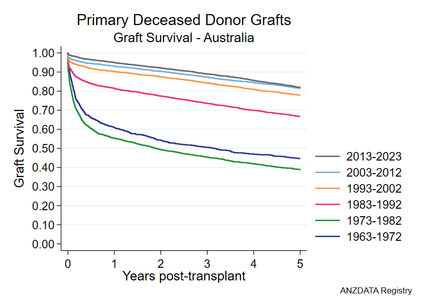 Chart showing improvements to the survival of deceased donor kidney grafts occurring during the period 1963-2023.