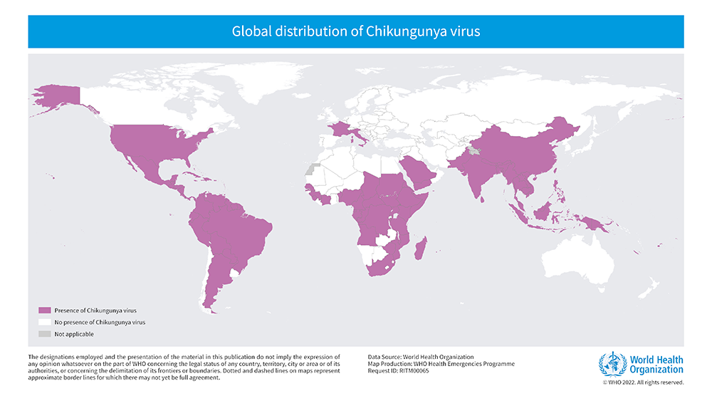 Global distribution of CHIKV. Source: World Health Organisation.