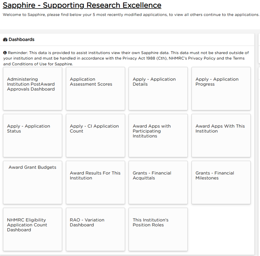 Institution’s Position Roles Sapphire Dashboard displaying applications: Administering Institution PostAward Approvals Dashboard Application Asssessment Scores Apply - Application Details Apply-Application Progress Apply - Application Status Apply - CI Application Count Award - Apps with Participating Institutions Award Apps with This Institution Award Grant Budgets Award Results For This Institution Grants - Financial Acquittals Grants - Financial Milestones NHMRC Eligibility Application Count Dashboard RAO - Variation Dashboard The Institution's Position Roles