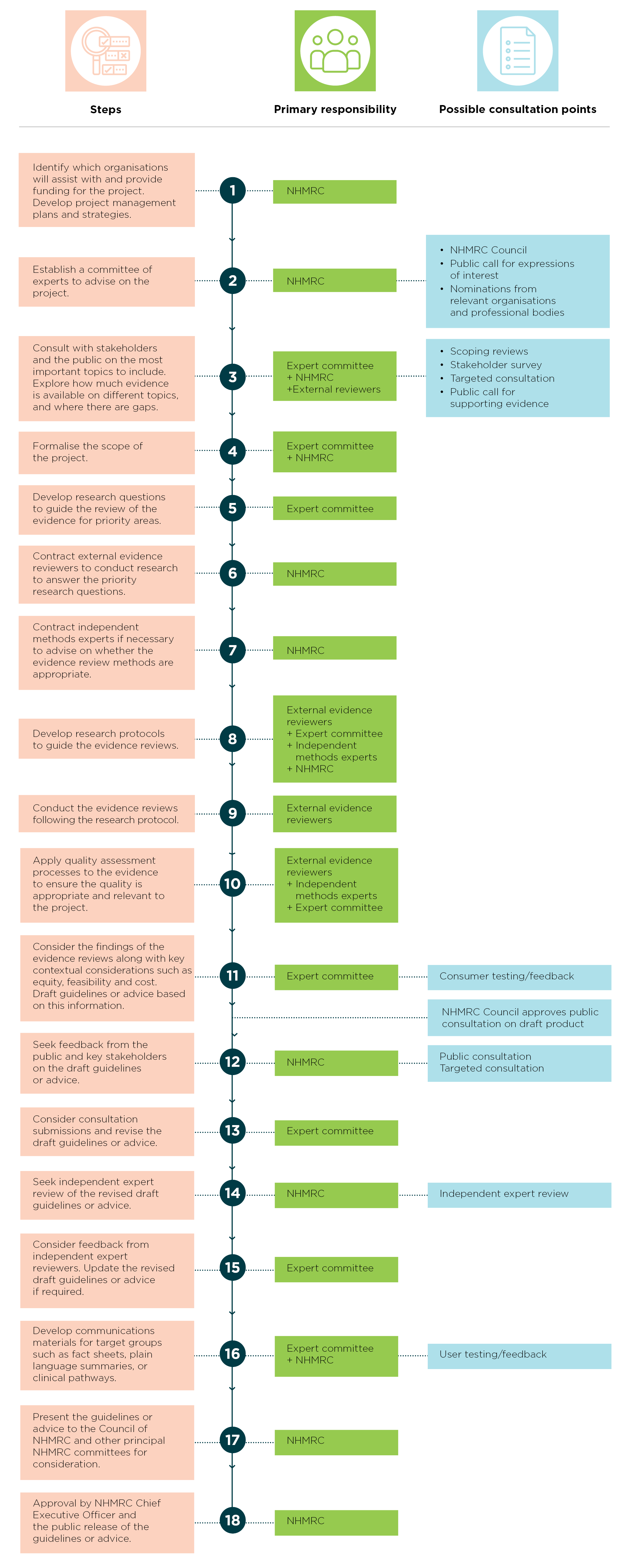 Flow diagram of development process with 3 columns (steps, primary responsibility and possible consultation points). Detail given in accordion under image.