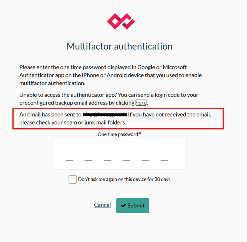 Multifactor authentication screen showing message that a verification email has been sent and to check spam or junk folders if not received.