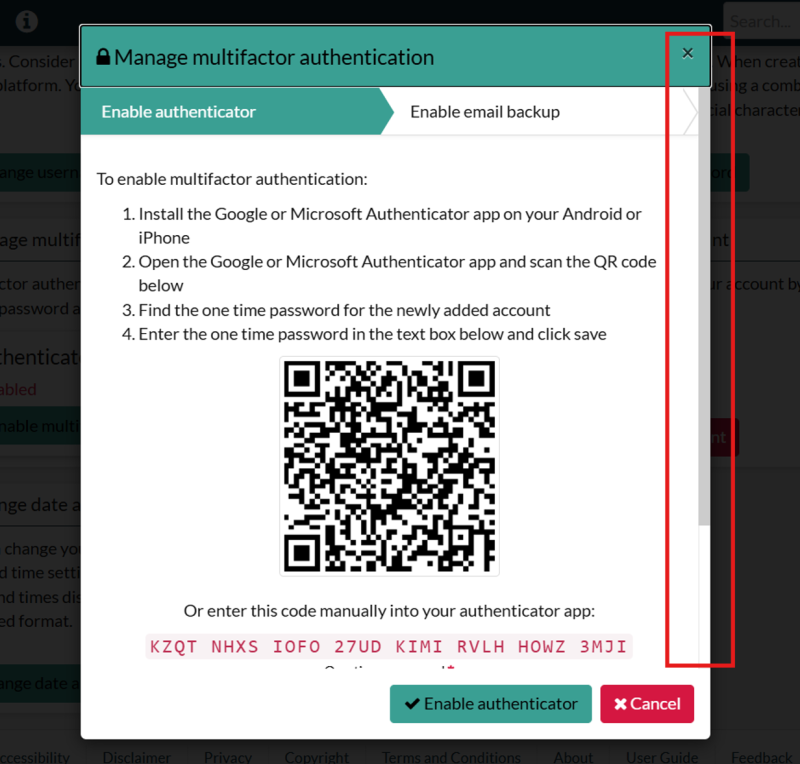 Pop-up window for enabling multifactor authentication showing QR code and instructions to set up. Highlights the scroll function to the right of the pop-up.