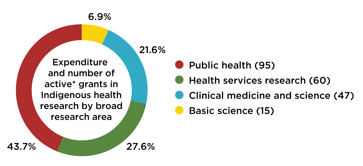 A pie chart of 6.9% Basic Science (15), 21.6% Clinical Medicine and Science (47), 27.6% Health Services Research (60), and 43.7% Public Health (95)