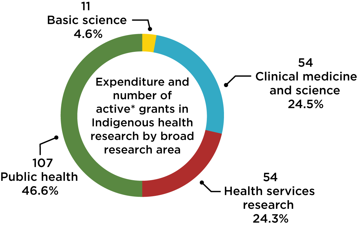 A pie chart of 4.6% Basic Science, 24.5% Clinical Medicine and Science, 24.3% Health Services Research, and 46.6% Public Health