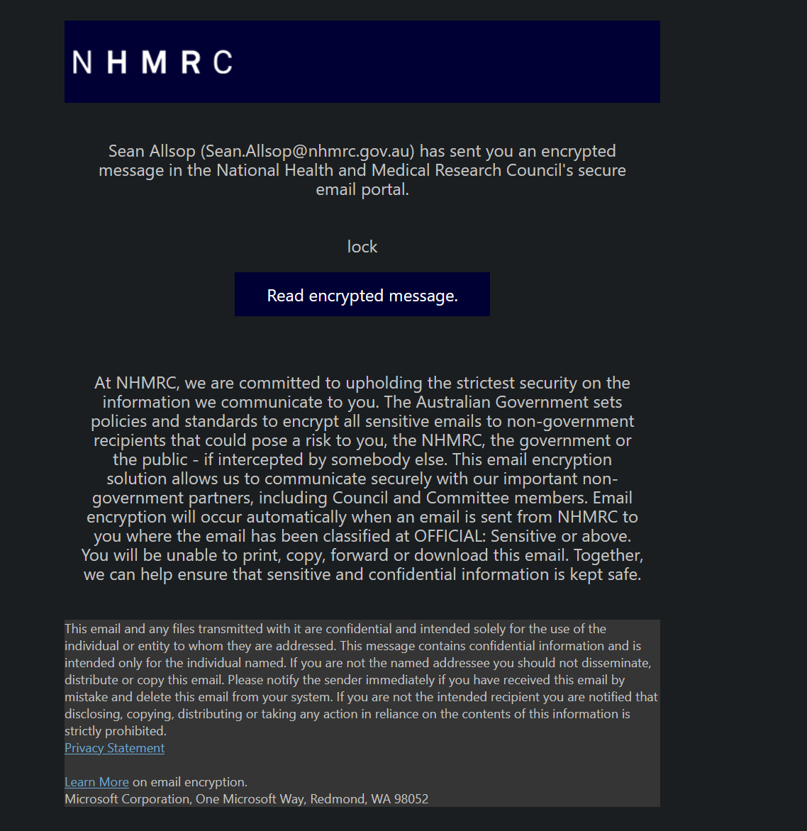 Screenshot of an encrypted message notification. The screenshot shows the email is locked with a button to unlock it.