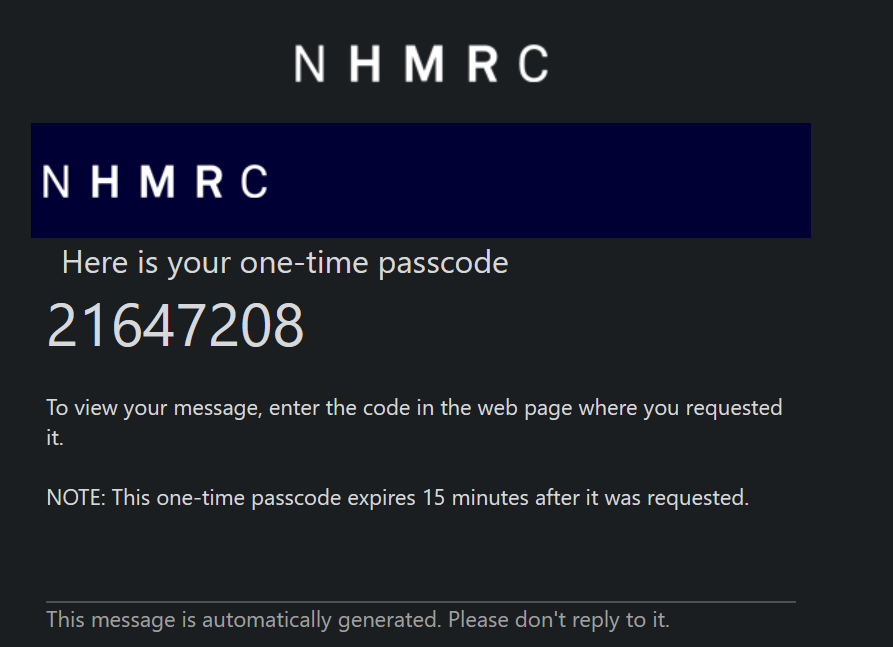 Screen showing a one-time password with advice it will expire in 15 minutes