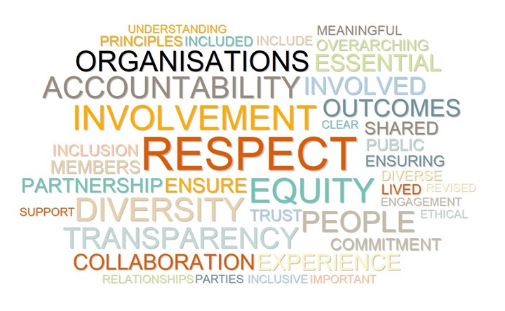 A collage of words, with the most common words in larger text. The words in large text include respect, involvement, equity, diversity, accountability and transparency.