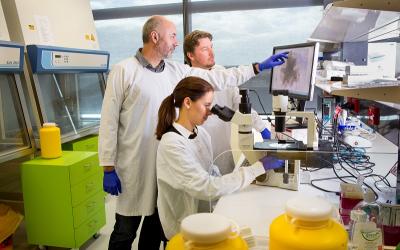 three people in lab coats, one looking at a microscope and two looking at a screen